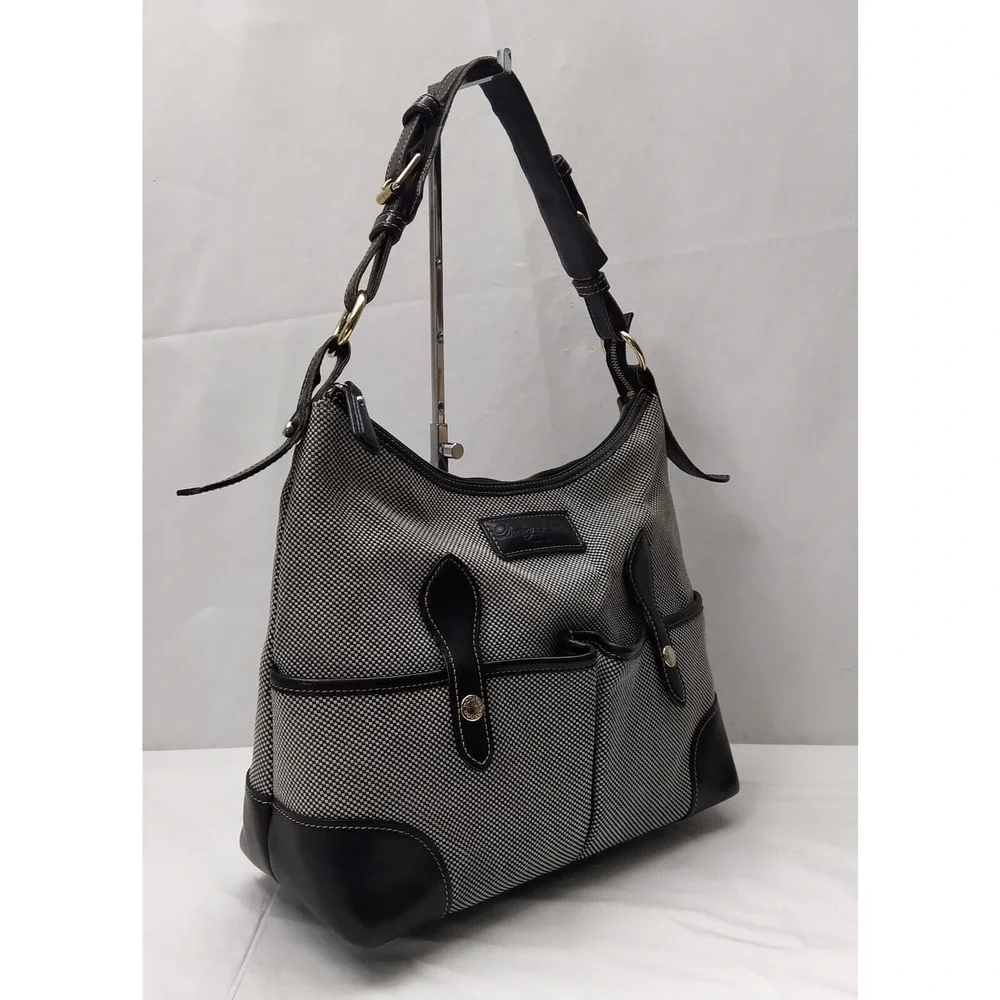 Dooney & Bourke Gray Canvas Leather Trim Front Pockets Zipper Hobo Shoulder Bag - Picture 3 of 16